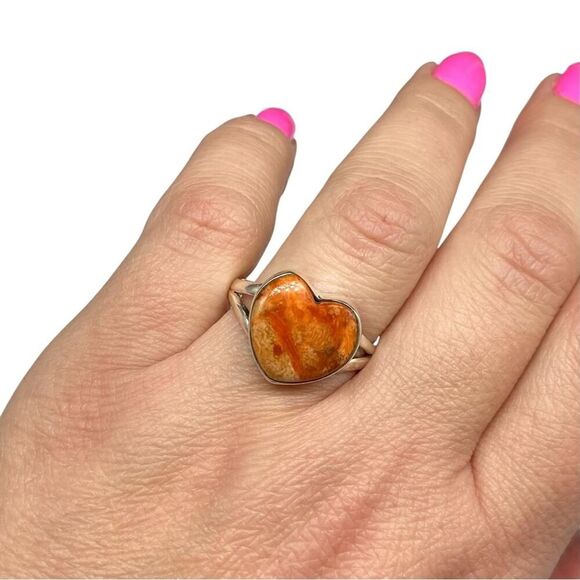 Sponge Coral Heart Shaped Ring Size 10 Solid 925 Sterling Silver Orange Boho - Picture 3 of 7